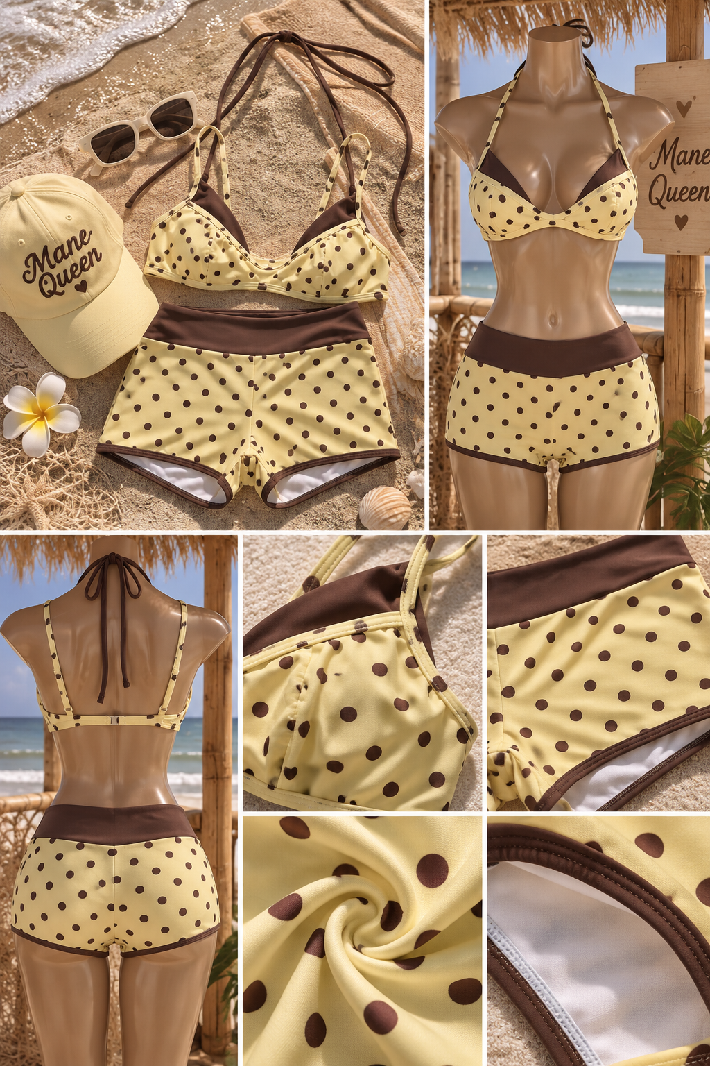 Butter Yellow Mocha Polka Dot Bikini Set 💛🤎