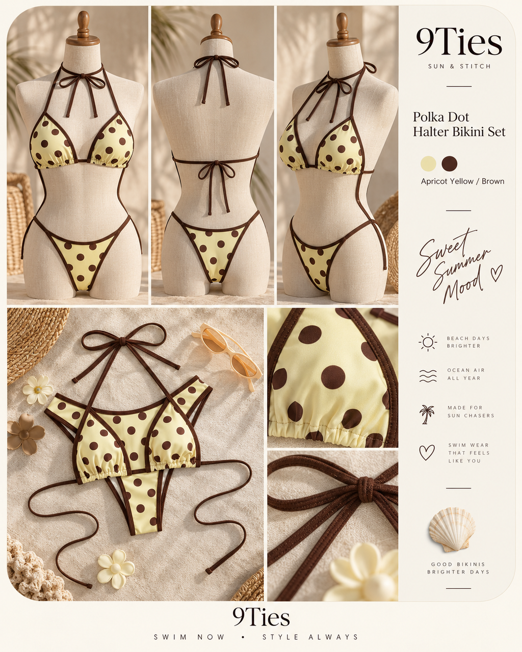 Butter Yellow Mocha Polka Dot Bikini Set 🧈🤎