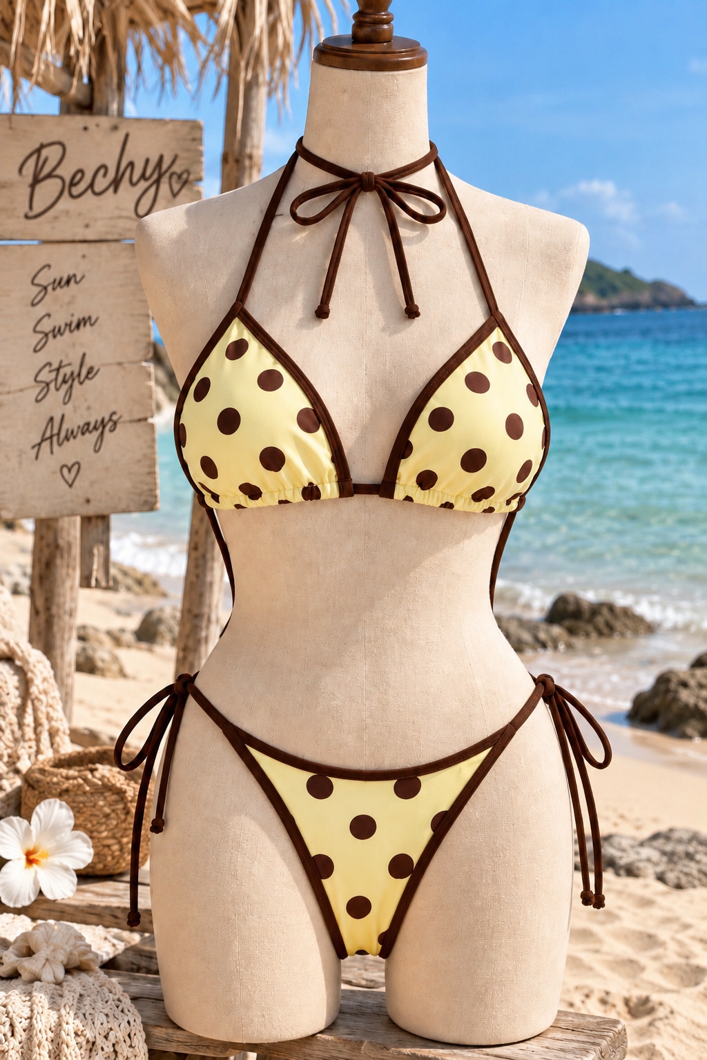 Butter Yellow Mocha Polka Dot Bikini Set 🧈🤎