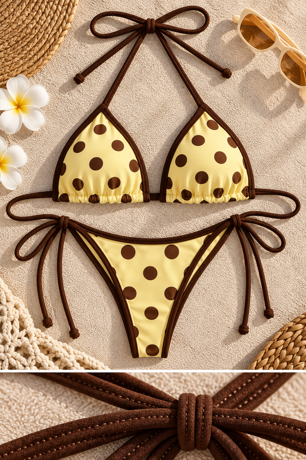 Butter Yellow Mocha Polka Dot Bikini Set 🧈🤎